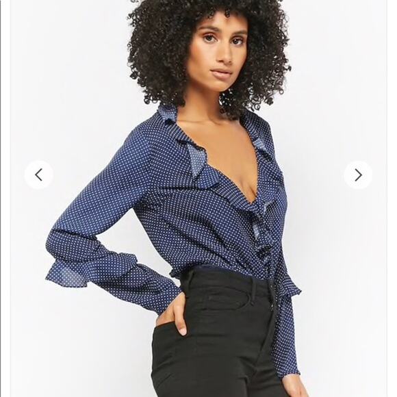 NUDE Polka Dot Ruffle Long Sleeve Thong Bodysuit - Blue - Small - Picture 10 of 15